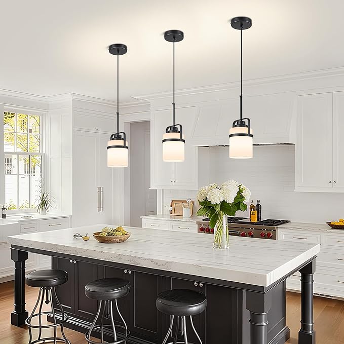 Modern Black Pendant Lights Kitchen Island Light, Adjustable Hanging Light Fixture with Milk Glass Shade, Farmhouse Pendant Light for Dining Room Bar Over Sink/Table/Counter, 1 Pack