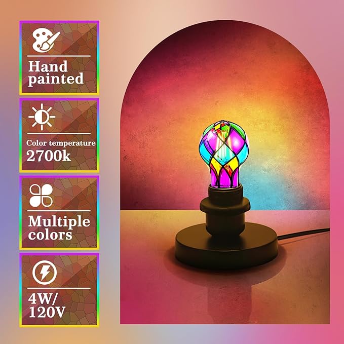 MIAOKE Stained Glass Light Bulb, 4W E26 Base A19 Colorful Light Bulb, Stained Glass Decorative LED Bulbs for Home, Party, Christmas, Garden, Balcony