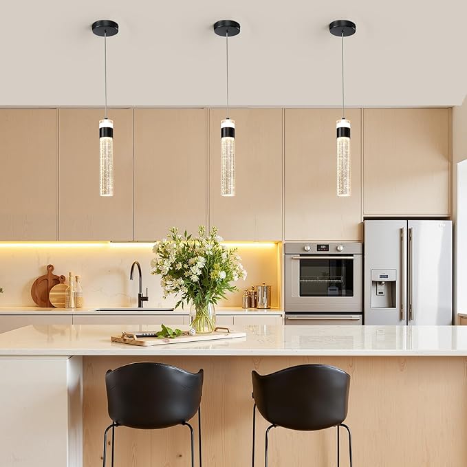 Black Pendant Lights Kitchen Island 3 Pack Crystal Hanging Pendant Light Fixtures with Crystal Bubble 3000K LED Modern Pendant Ceiling Lighting for Dining Room Restaurant Living Room Bedroom