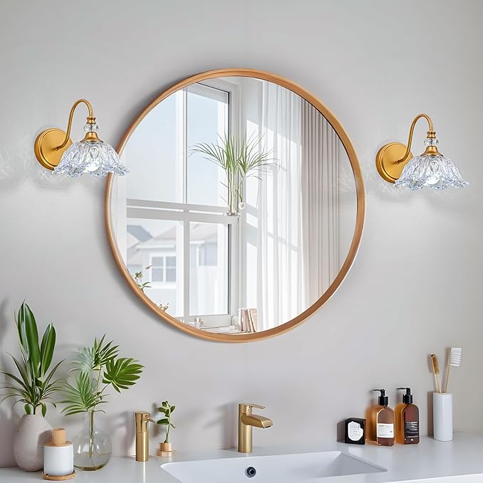 1 Piece Vintage Wall Sconce with Floral Rainbow Glass Shade, Matte Brass Finish Wall Mount Lighting for Bathroom,Vintage Bathroom Vanity Light Fixtures
