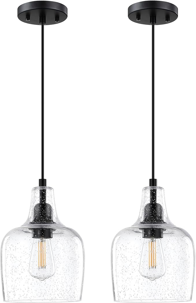 2 Pack 1 Light Indoor Hanging Kitchen Island Pendant Ceiling Light 6.1" Clear Seeded Glass Fixture,Black Finish for Farmhouse Over Sink Bedroom Hallway