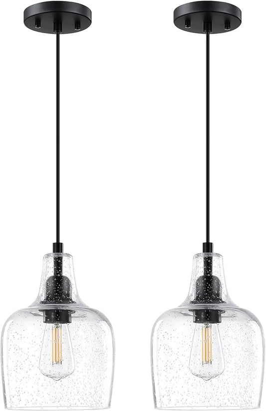 2 Pack 1 Light Indoor Hanging Kitchen Island Pendant Ceiling Light 6.1" Clear Seeded Glass Fixture,Black Finish for Farmhouse Over Sink Bedroom Hallway