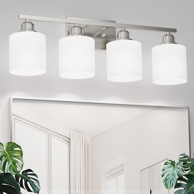 Sailstar 4-Light Bathroom Light Fixtures Over Mirror, Glass Shade & Anti-Rust Nickel Finished,Brushed Nickel Vanity Lights, Modern Bathroom Vanity Light, Bathroom Light for Small Space