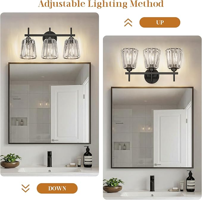 Crystal Bathroom Light Fixtures Over Mirror, Black 3-Light Bathroom Vanity Lights Over Mirror Modern Wall Lighting Sconces with Ceramic E26 Base (Bulbs Not Include)