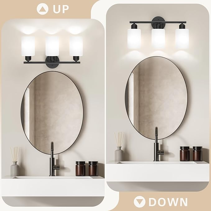 Espird Bathroom Vanity Light Fixtures Matte Black Bathroom Lighting Fixture, 3 Lights Bathroom Light Fixture Over Mirror, Modern Vanity Light, Wall Sconces with Milky White Glass Shades