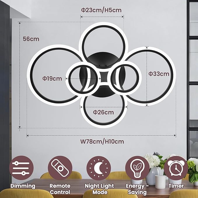 Modern Ceiling Light, 6 Rings Black Dimmable Flush Mount Ceiling Light with Remote, Acrylic Close to Ceiling Lighting Fixture for Living Room Dining Room Bedroom Kitchen (Black, 6 Heads)