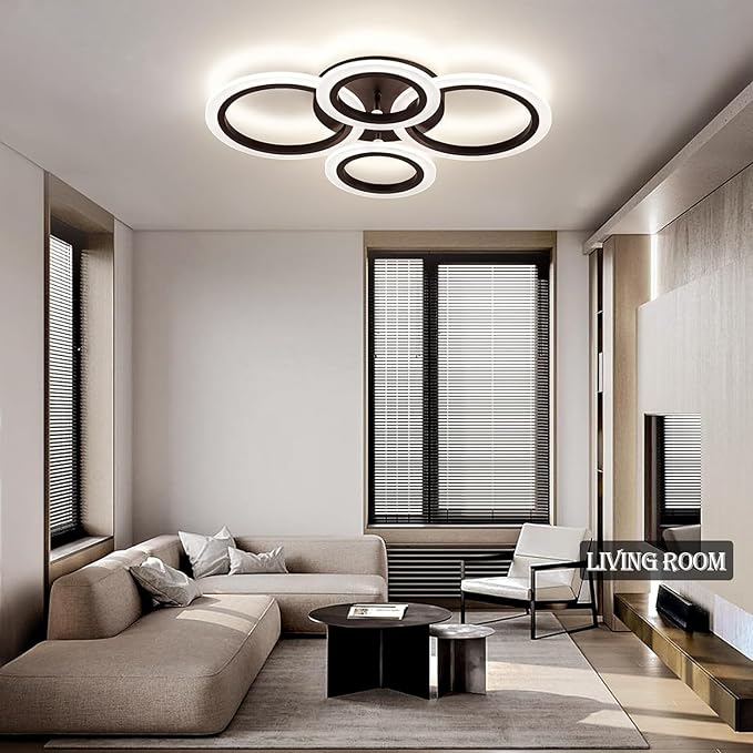Shine LUEST 34W Modern LED Ceiling Light, 3000K-6000K Dimmable Ceiling Lighting Fixtures Ceiling Mount 4 Rings Black LED Chandelier Bedroom Lights Flush Mount with Remote for Kitchen, 2720LM