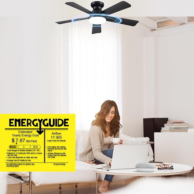 42 Inch Ceiling Fans with Lights and Remote Control, Indoor/Outdoor Flush Mount Low Profile Commercial Reversible Dimmable Ceiling Fans for Living Room Patio Industrial Shop, Black