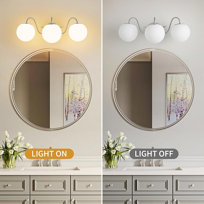 3 Lights Vintage Bathroom Vanity Light Fixtures Over Mirror, Brushed Nickel Vanity Lights For Bathroom With Milk White Glass Globe Shade, Wall Lights For Bedroom, Hallway, Dressing Table(G9 Incl.)