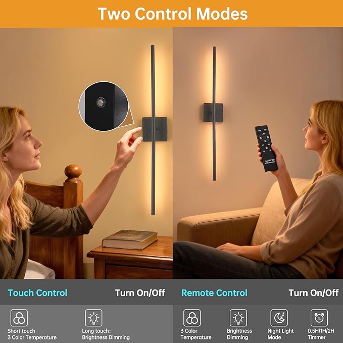 Shenmoyl Battery Operated Wall Sconce Set of 2, 10400mAh Rechargeable Wall Lights, 3000K-6000K Dimmable, 350°Rotate, Indoor Wall Sconces with Remote for Bedroom Living Room Bathroom, Black, 31.5 Inch