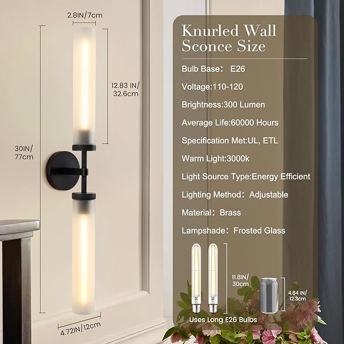 30" 2 Lights Hardwired Frosted Glass Bathroom Wall Sconces, Handmade Knurled Black Wall Light Fixture,Modern Vanity Light for Living Room,Hallway, Bedroom, Indoor Wall Lamp, Bulb Included
