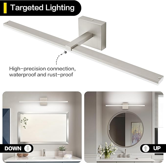ZUZITO 30 Inch Bathroom Light Fixtures Over Mirror Brushed Nickel Arm Wide LED Vanity Bar 6000K Aluminum ETL IP44