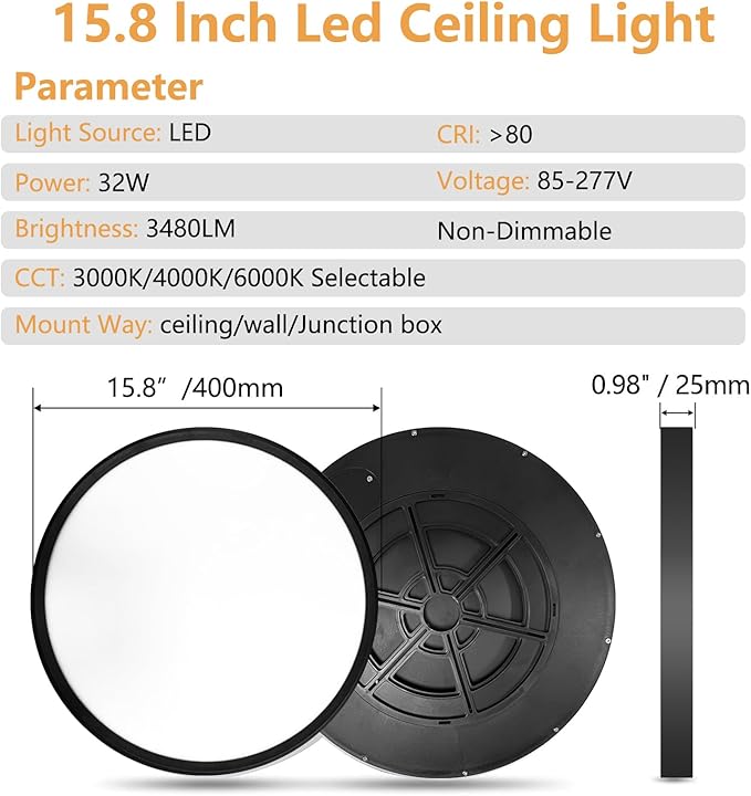 4PK 15.8 Inch Led Ceiling Light Flush Mount, 32W, 3480LM, 3000K/4000K/6000K CCT Selectable Super Slim Ceiling Light, Close to Ceiling Round Flat Panel Fixture for Hallway, Bedroom,Kitchen, Black