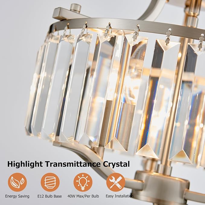 12.2'' Modern Brushed Nickel Crystal Ceiling Light Fixture Farmhouse 3-Light Semi Flush Mount Drum Chandelier for Dining Room, Bedroom, Kitchen, Hallway, Entryway, Foyer, E12 - MJ055BN