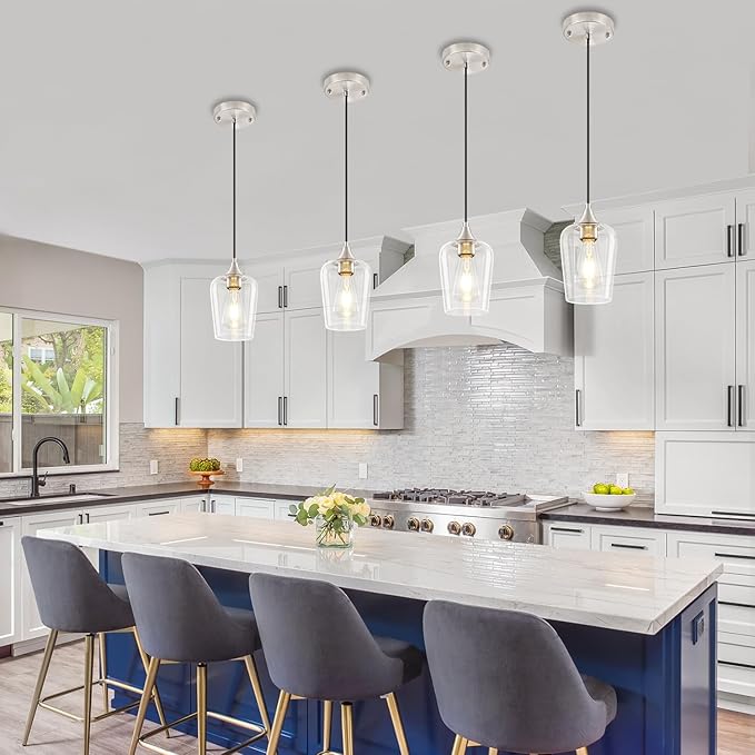 3 Pack Brushed Nickel Pendant Lights Kitchen Island, Modern Glass Pendant Lighting Over Island, Kitchen Hanging Light Fixtures Over Sink Adjustable Mini Pendant Lights for Bathroom Dining Room Hallway