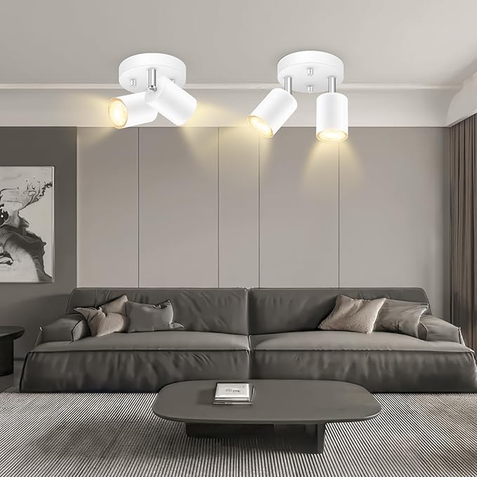 2 Light Track Lighting Fixtures Ceiling, Matte White Round Directional Ceiling Spotlight, GU10 Flush Mount Track Fixture, Flexibly Rotatable Light Head for Kitchen/Living Room, Bulb Not Included
