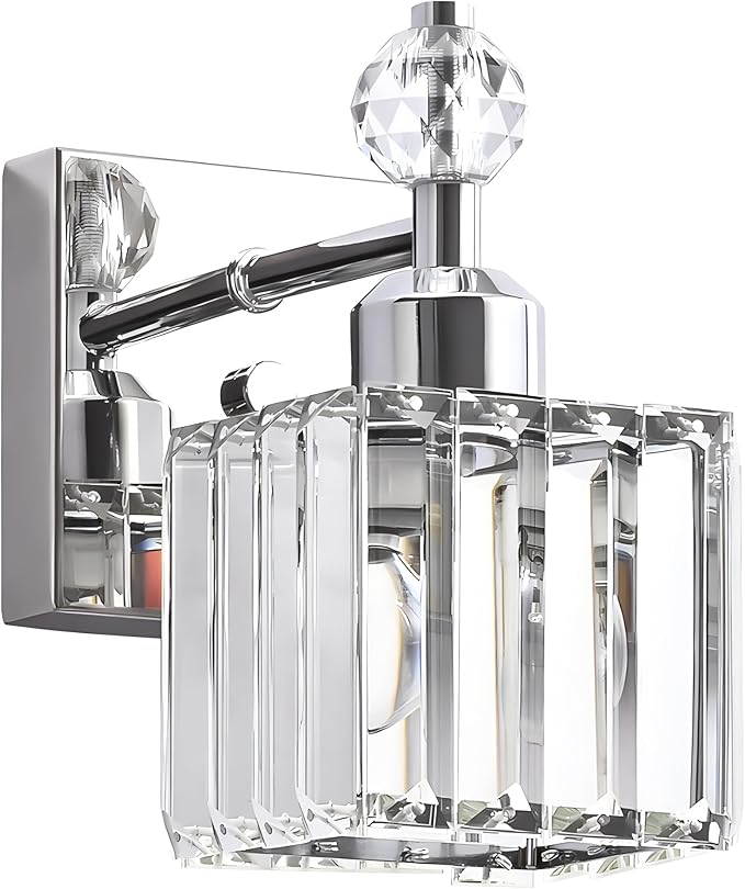 PRESDE 1-Light Bathroom Vanity Light, Modern Chrome Wall Sconce with Crystal Shade, Single Wall Lamp for Over Mirror Bedroom Hallway