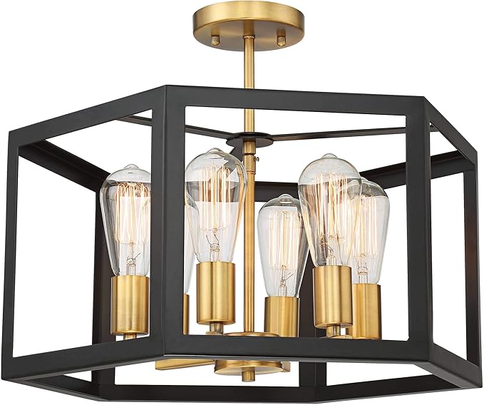 Possini Euro Design Beni Industrial Rustic Farmhouse Ceiling Light Semi Flush-Mount Fixture 20" Wide Antique Bronze Gold 6-Light Open Pentagon Frame for Bedroom Kitchen Living Room Hallway Dining