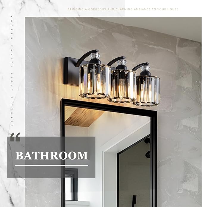 3-Light Black Bathroom Light Fixture Modern Vanity Lights Over Mirror Vintage Wall Sconce Lighting for Bathroom, Bedroom, Living Room, Hallway E26 Base with Crystal Bathroom Vanity Light