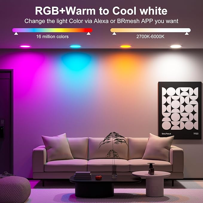 Smart Recessed Lighting 4 Inch RGBCW Color Changing 12W LED Recessed Ceiling Light with Junction Box,2700 K-6000K,1080LM Canless Downlight Compatible with Alexa,Dimmable by Bluetooth Control (4 Pack)