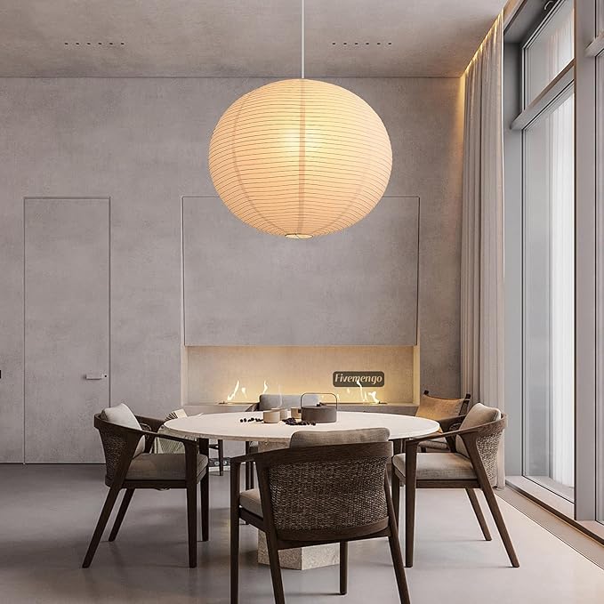 Large Rice Paper Pendant Light 2 Pack, 23.6in White Globe Paper Lantern Lights, E26 Base, Japanese Hanging Lantern Lamp Japandi Chandelier for Dining Room Bedroom Office Living Room
