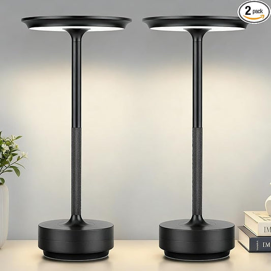 UdoUto 2-Pack Rechargeable Cordless Table Lamps – 5000mAh LED Touch Lamps with 3 Color Modes & Stepless Dimming – Metal Table Lights for Dining, Patio, Bedroom, Camping, Restaurant(Black)