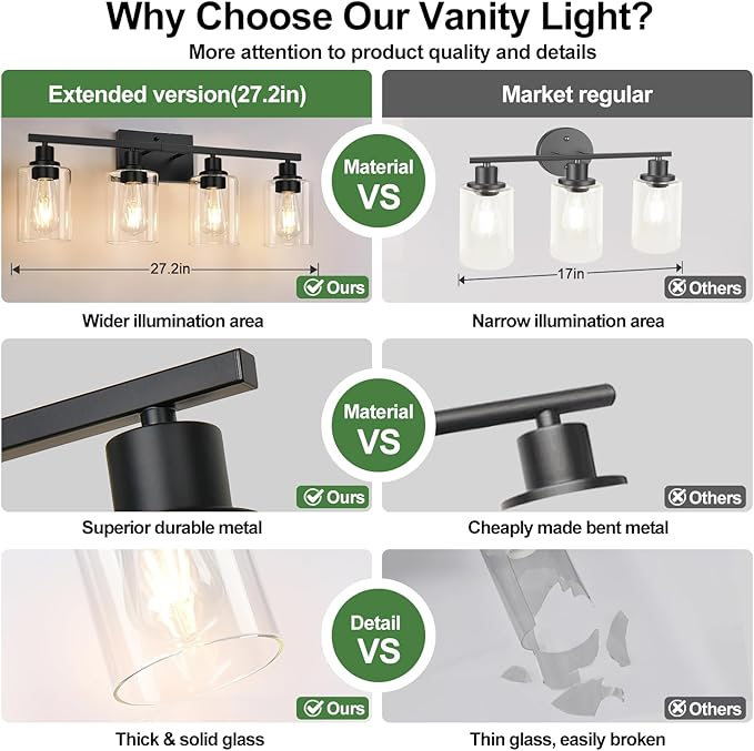 MOKATNG 4-Light Bathroom Light Fixtures, Vanity Light with Clear Glass Shades, Matte Black Bathroom Light Fixtures Over Mirror, Modern Bathroom Wall Lamp for Mirror Living Room Cabinet Bedroom