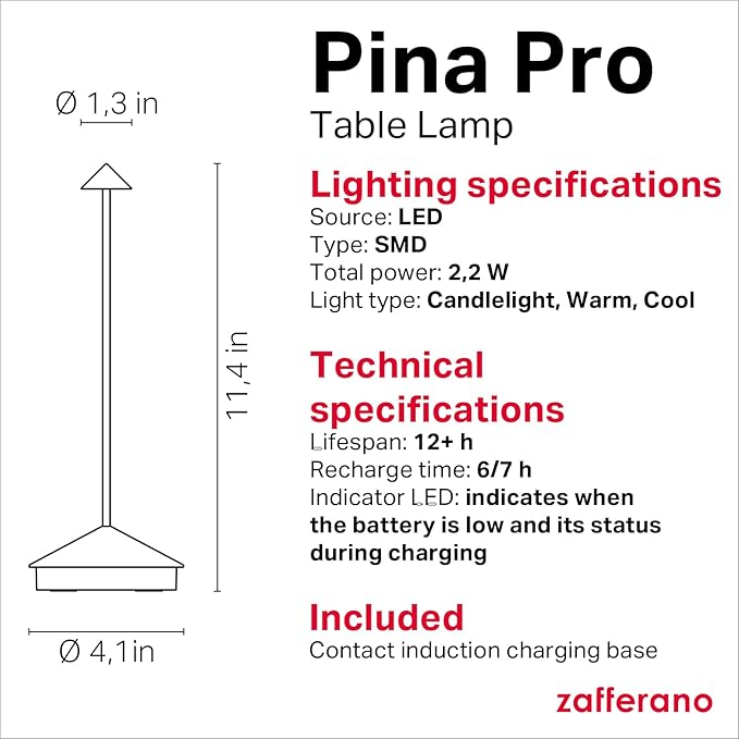 Zafferano, Pina Pro Lamp, Rechargeable Cordless Table Lamp with Touch Controls, Suitable for Indoor and Outdoor, Dimmer, 2200-3000 K, Height 11.4 Inches, White Color
