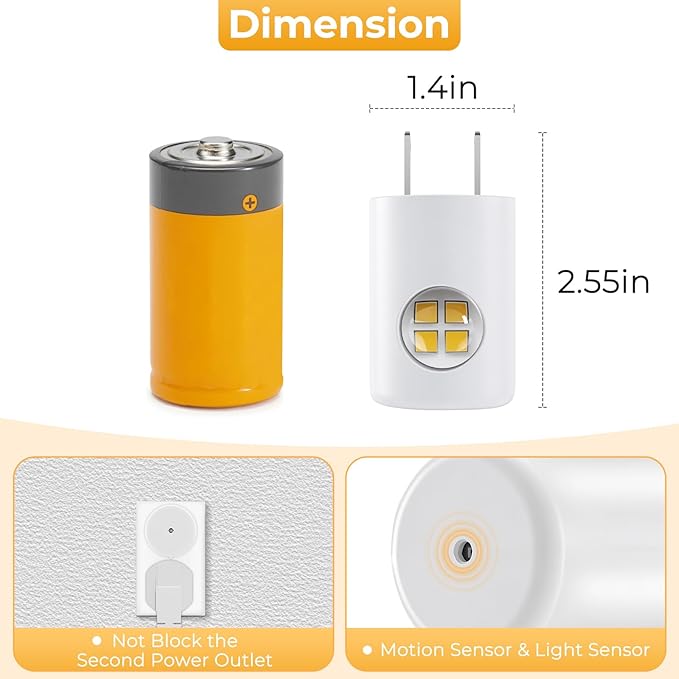 4-Pack Motion Sensor Night Light, Plug-in Wall LED Nightlight with Dusk to Dawn Sensor, Auto On/Off, 2700K Warm White 100 Lumens, Rotatable Plug-in Design for Hallway Staircase Bathroom Kitchen