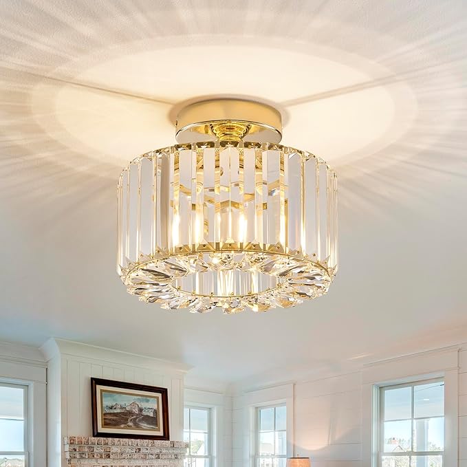 BUXVRCS Crystal Ceiling Light Fixture - Semi Flush Mount Ceiling Light Modern Chandelier Hallway Light Fixtures Ceiling Flush Mount Light Fixtures for Kitchen Bedroom Bathroom Entryway (Gold)