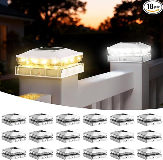 KEILAIMO Solar Post Cap Lights Outdoor, 18 Pack Upgraded Waterproof Deck Fence Post Solar Lights for 3.5x3.5 4x4 5x5 Vinyl/Wood Posts, 10-12 Hours Warm/Cool White Glow for Garden/Patio/Porch - White