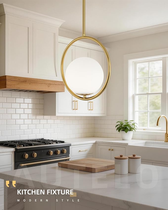 AUTELO Pendant Lights Kitchen Island, 1-Light Brushed Gold Modern Pendant Lights with Milky White Globe Hanging Lamp, Adjustable Rods for Kitchen Bar Living Room, H9380 MGBG