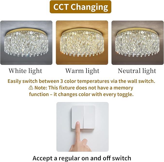 Deckrico 19.7" Gold Crystal Chandelier, Modern Flush Mount Ceiling Light Fixture Luxury Tri-Color LED Lighting for Living Room Dining Room Bedroom