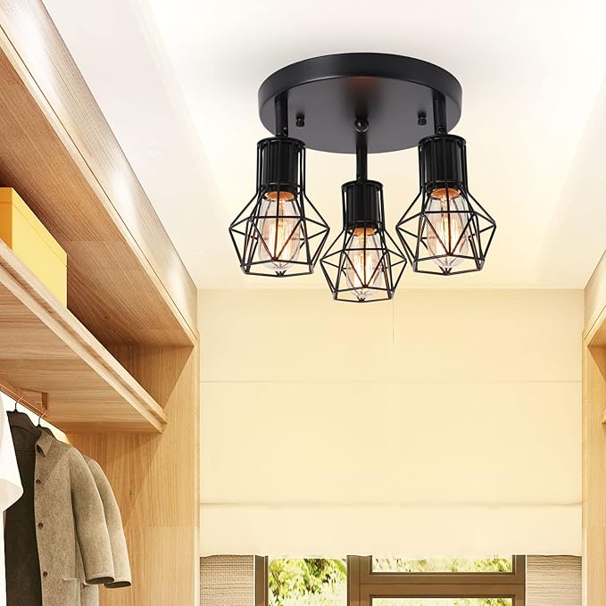 3-Light Flush Mount Ceiling Light Fixture, Industrial Kitchen Light Fixtures Ceiling, E26 Black Farmhouse Ceiling Light Fixture Black for Dining Room Hallway Entryway