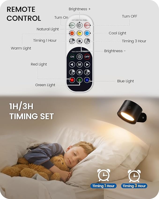 Battery Operated Wall Sconce Set of 2, Rechargeable Wall Lights with Remote Control, 3 Color Temp 3 RGB Dimmable, 360° Rotation Cordless Wall Mount Lamp for Hallway Bedroom, Black B02YBP206