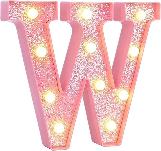 Pink Marquee Light Up Letters, Glitter Alphabet LED Letter Lights for Pink Birthday Party Decorations, Battery Operated Letter Sign for Girls Room Vanity Table Decor, Warm White Lights Letter W