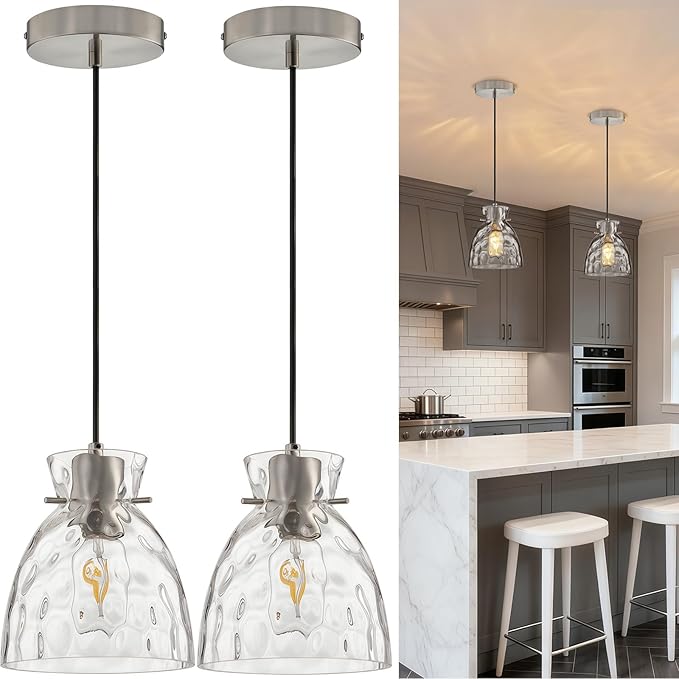 Brushed Nickel Pendant Lights Kitchen Island 2 Pack, 5.9“ Mini Hammered Glass Pendant Light Fixtures, Adjustable Modern Hanging Lights Kitchen Pendant Lighting over Island Sink Bathroom Dining Room