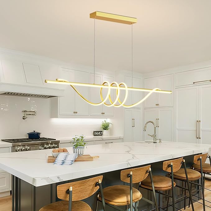 Modern LED Pendant Lights, Ceiling Chandelier Dimmable with Remote Control 3000k-6000K Adjustable Color Temperature, Aluminum Island Lighting Lamp Fixture for Kitchen, Dining Room(57in Gold)