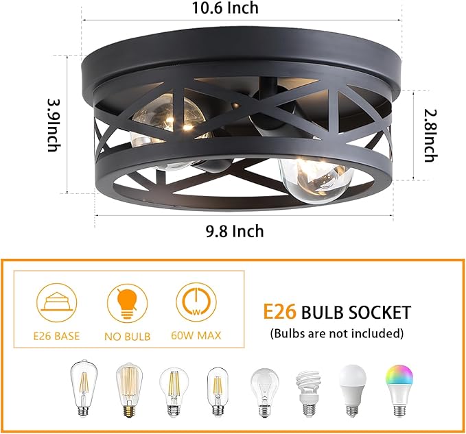 2 Pack Black Farmhouse Flush Mount Ceiling Light,2-Light Rustic Hallway Light Fixtures,Industrial Lighting Fixtures Ceiling Mount for Kitchen Hall Entry Bedroom Closet