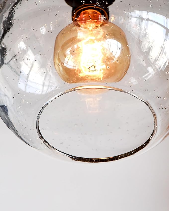 ARIAMOTION Pendant Lighting Kitchen Island Modern Rustic Glass Hanging Lights Globe Clear Seeded Bubble Light Fixtures Dining Room Table Bedroom Bathroom Office Brushed Nickel 8.7 Inch Diam 2 Pack