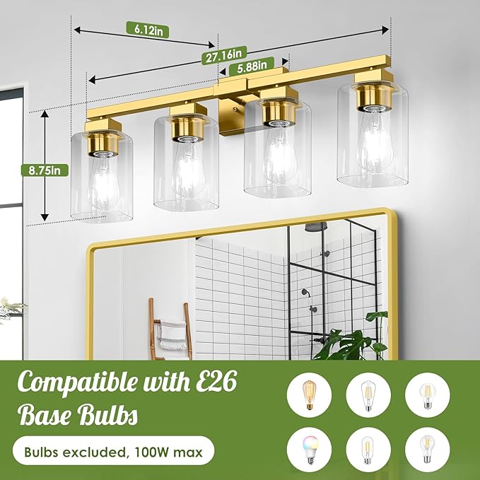 BesLowe 27" 4-Light Bathroom Light Fixture, Modern Gold Bathroom Vanity Light, Bathroom Lighting Fixtures Over Mirror, Matte Gold Bathrom Wall Lamp, Wall Lights for Living Room Bedroom