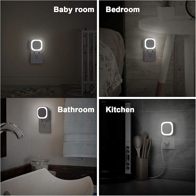 YUNLEX 4 Pack Daylight White Night Light, Gentle Eye-Care with Dimmable Wide-Glow, Indirect Reflection, Auto Dusk to Dawn Sensor, Plug in for Hallway, Kitchen, Garage, Laundry, as Mother Gifts