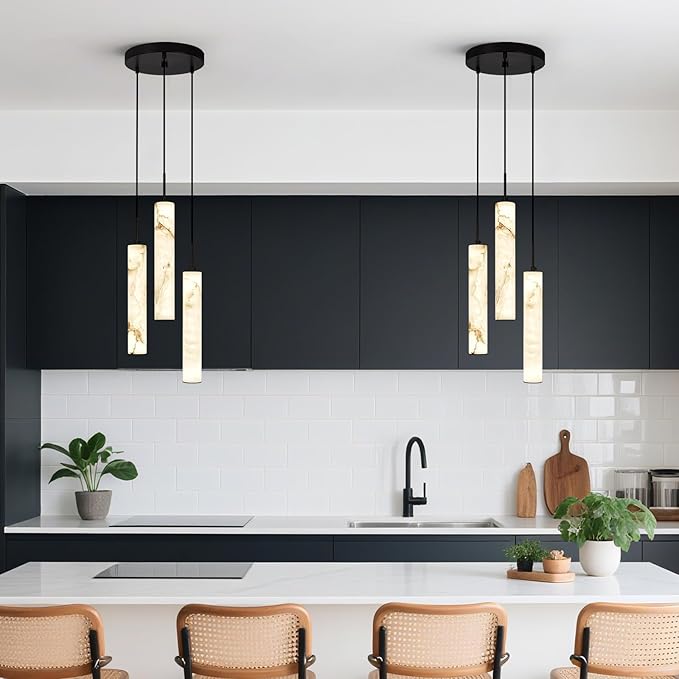 LMQNINE Natural Alabaster Pendant Lights for Kitchen Island White Marble Long Tube Chandelier 4000K Modern Black Ceiling Light Fixtures for Bedroom Dining Room Living Room Hallway(Y-3Light-Crackle)