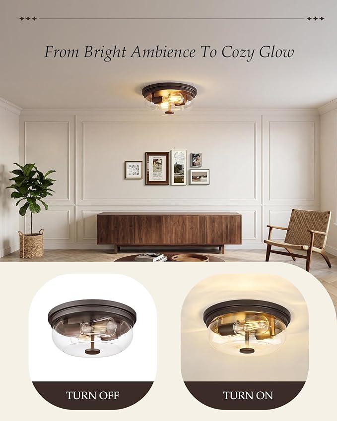 HWH INVESTMENT 2-Light Flush Mount Ceiling Light, Rustic Ceiling Light Fixture for Closet Hallway Entryway, 12 Inch Flush Mount Ceiling Light with Clear Glass, Oil-Rubbed Bronze Finish, 5HJX109F ORB