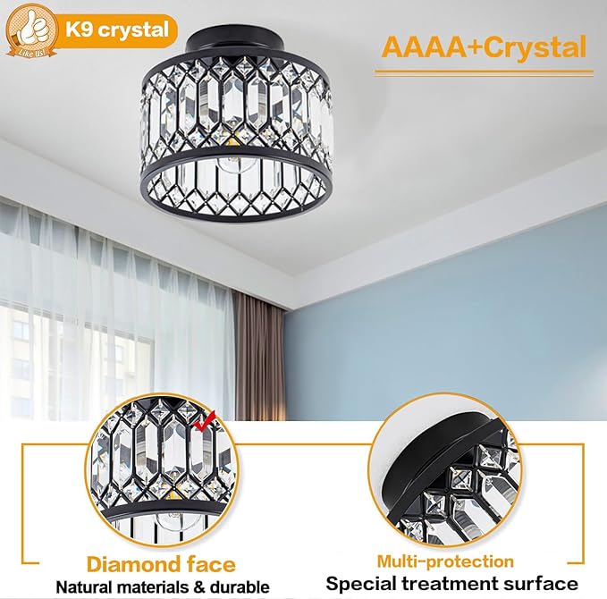 Crystal Black Ceiling Lights 9 Inch Modern Semi Flush Mount Ceiling Light Fixture,Farmhouse Rustic Chandelier for Entryway Porch Aisle Corridor Balcony