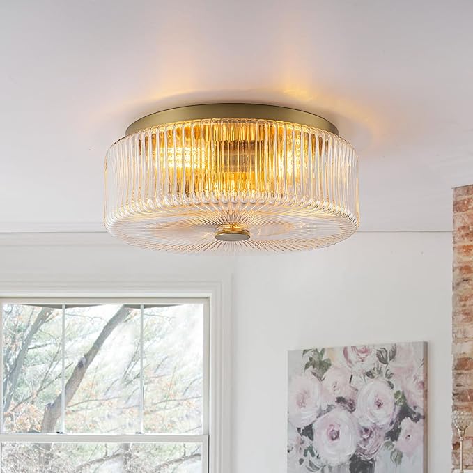 13.9 Inch Gold Flush Mount Ceiling Light,Mid-Century Modern 3 Light Ceiling Light Fixture with Clear Striped Glass Shades,for Bedroom,Kitchen,Hallway,Entryway