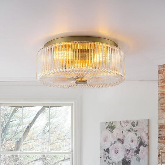 13.9 Inch Gold Flush Mount Ceiling Light,Mid-Century Modern 3 Light Ceiling Light Fixture with Clear Striped Glass Shades,for Bedroom,Kitchen,Hallway,Entryway