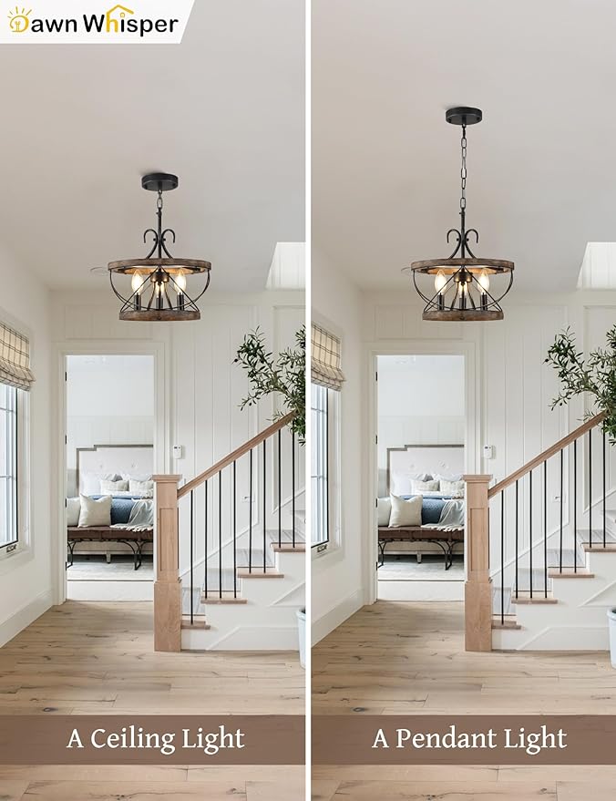 12.9 Inch Farmhouse Chandelier for Dining Room Wood Drum Chandelier Light Fixture Over Table 3*E12 Hanging Lamp for Kitchen Entry