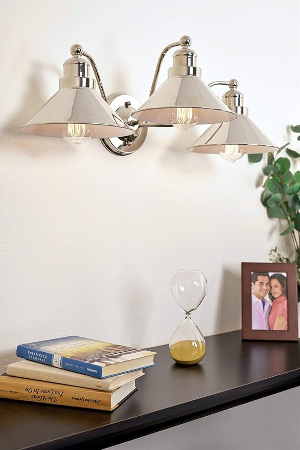 Kira Home Welton 25.5" 3-Light Modern Farmhouse Vanity Light with Funnel Shades, Industrial Wall Sconce Bathroom Light, Polished Nickel Finish