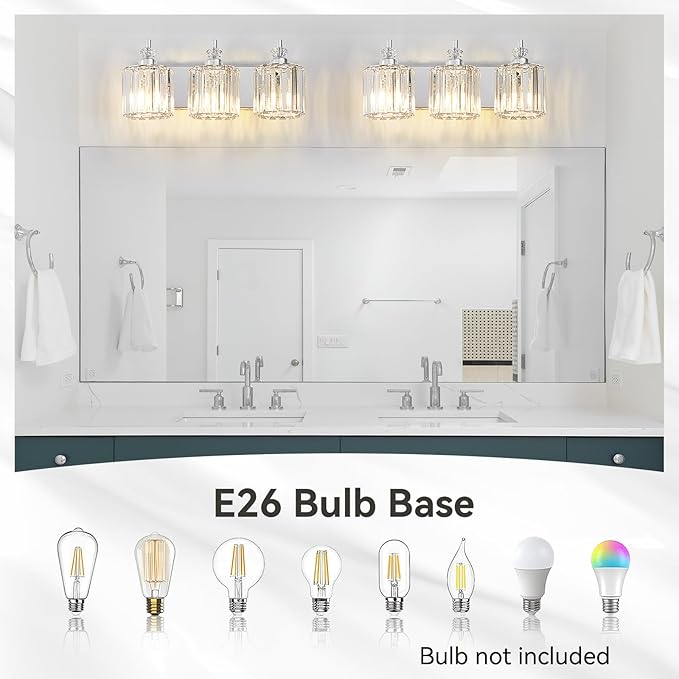 3-Light Modern Bathroom Light Fixture Chrome Bathroom Vanity Lights Over Mirror Wall Sconce Lighting with K9 Crystal Shades E26 Base for Bedroom, Living Room, Hallway, Cabinet Wall Lamp
